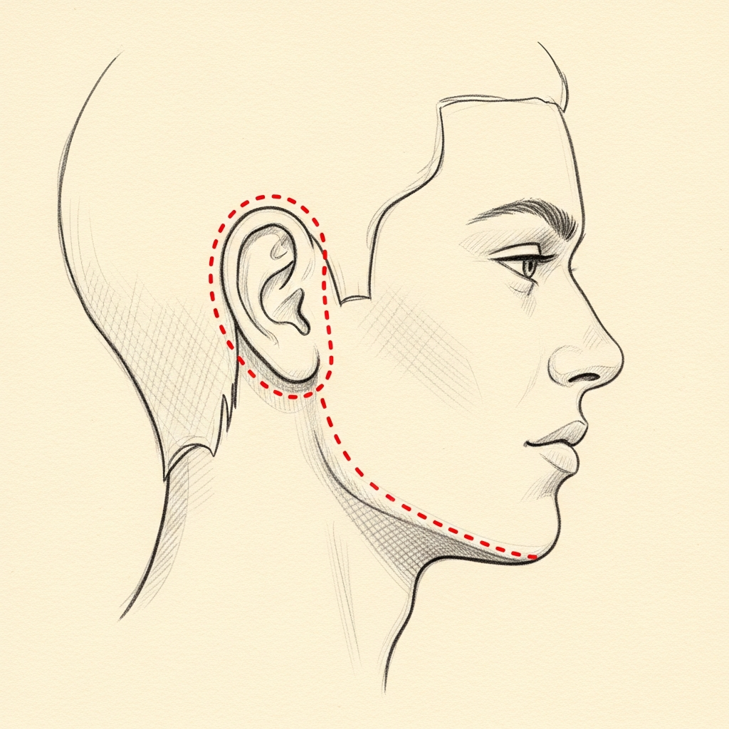Lateral cervicoplasty diagram — pencil-sketch side view. Red dotted incision line traces in front of the ear, around the lobe, and back into the hairline behind the temple, indicating skin elevation across the lateral neck.