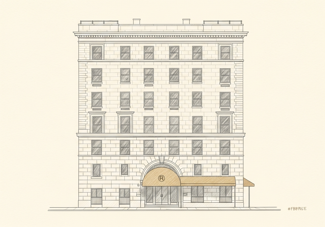 Pencil sketch architectural elevation of the prewar Fifth Avenue building facing Central Park