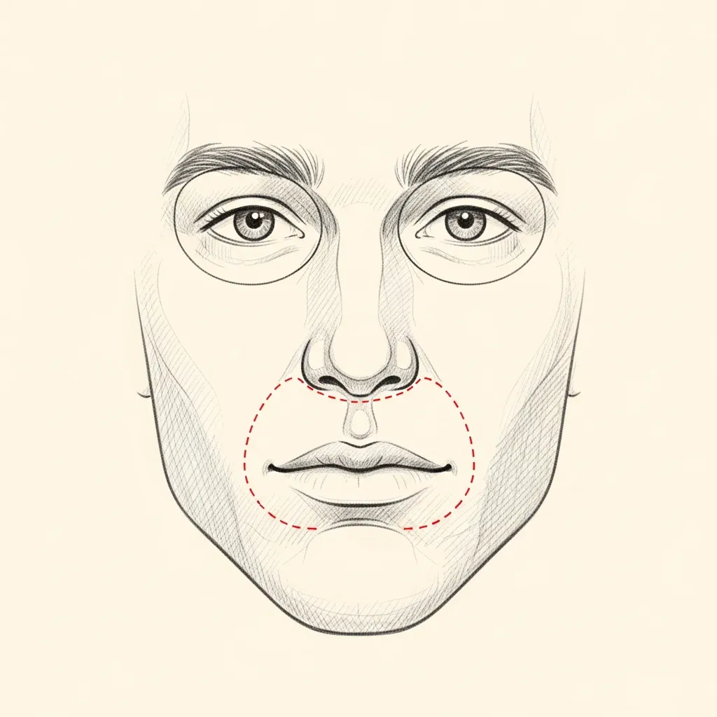 Pencil-sketch frontal view of a masculine face with the buccal fat pad outlined; a small red dotted line indicates a conservative partial removal preserving deep facial support.
