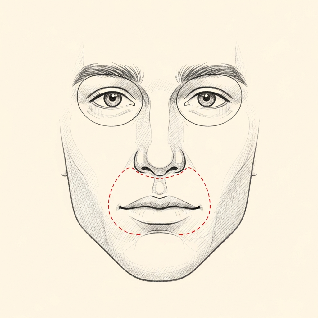 Pencil-sketch frontal view of a masculine face with the buccal fat pad outlined; a small red dotted line indicates a conservative partial removal preserving deep facial support.