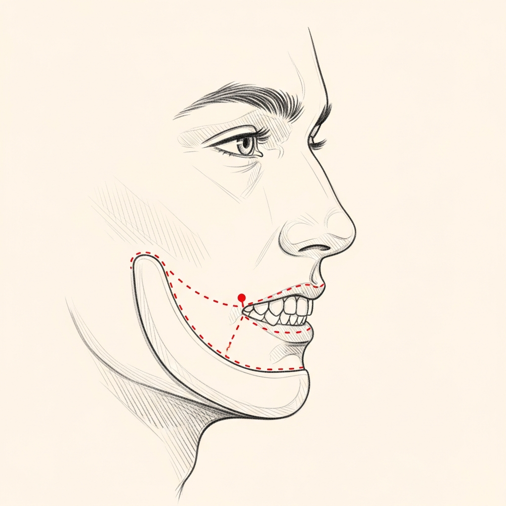 Pencil-sketch profile view of a masculine face combining conservative buccal reduction with a chin implant overlay; red dotted markers show intra-oral incisions for both.