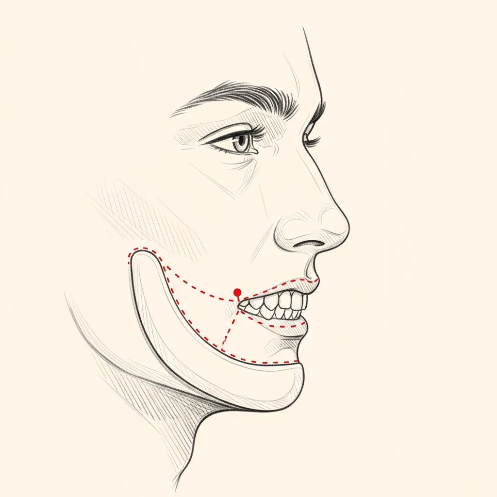 Pencil-sketch profile view of a masculine face combining conservative buccal reduction with a chin implant overlay; red dotted markers show intra-oral incisions for both.