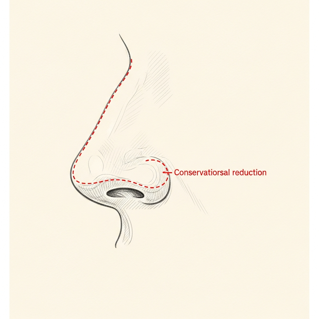 Pencil-sketch lateral view of a masculine nose with red dotted line indicating a conservative dorsal reduction; the resulting profile is straight rather than scooped.