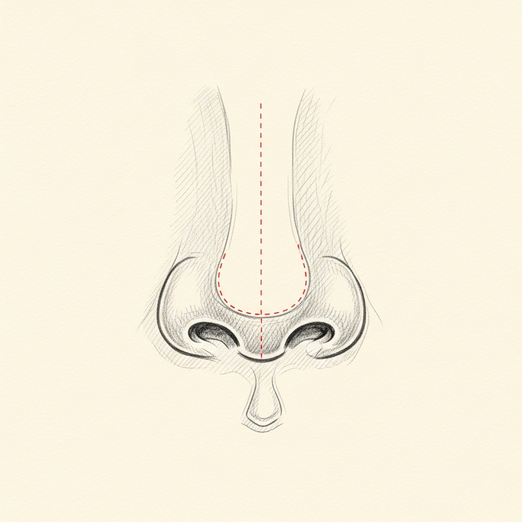 Pencil-sketch base view of a masculine nose showing tip-defining sutures and a columellar strut graft; the resulting tip projects without excessive cephalic rotation.