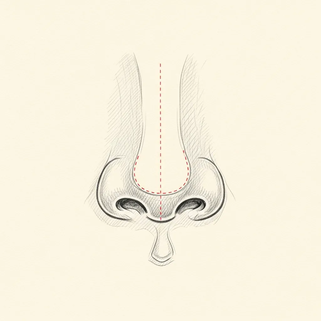 Pencil-sketch base view of a masculine nose showing tip-defining sutures and a columellar strut graft; the resulting tip projects without excessive cephalic rotation.