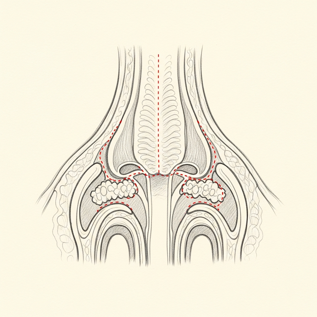 Pencil-sketch coronal cross-section of the nasal cavity showing polyps filling the middle meatus; red dotted outline indicates the polyp tissue to be removed under endoscopic visualisation.