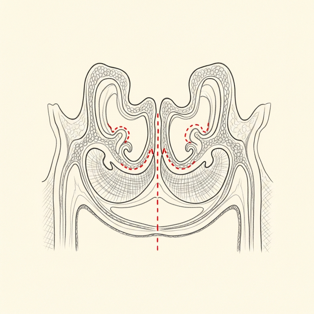 Pencil-sketch coronal cross-section showing the maxillary and ethmoid sinus outflow tracts with red dotted lines marking the bony partitions opened during functional endoscopic sinus surgery.