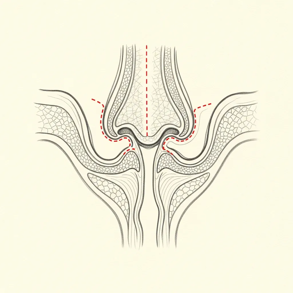Pencil-sketch coronal cross-section of the internal nasal valve showing the angle between the upper lateral cartilage and the septum; red dotted outline indicates a spreader graft placed in the dorsal septal angle to widen the valve.
