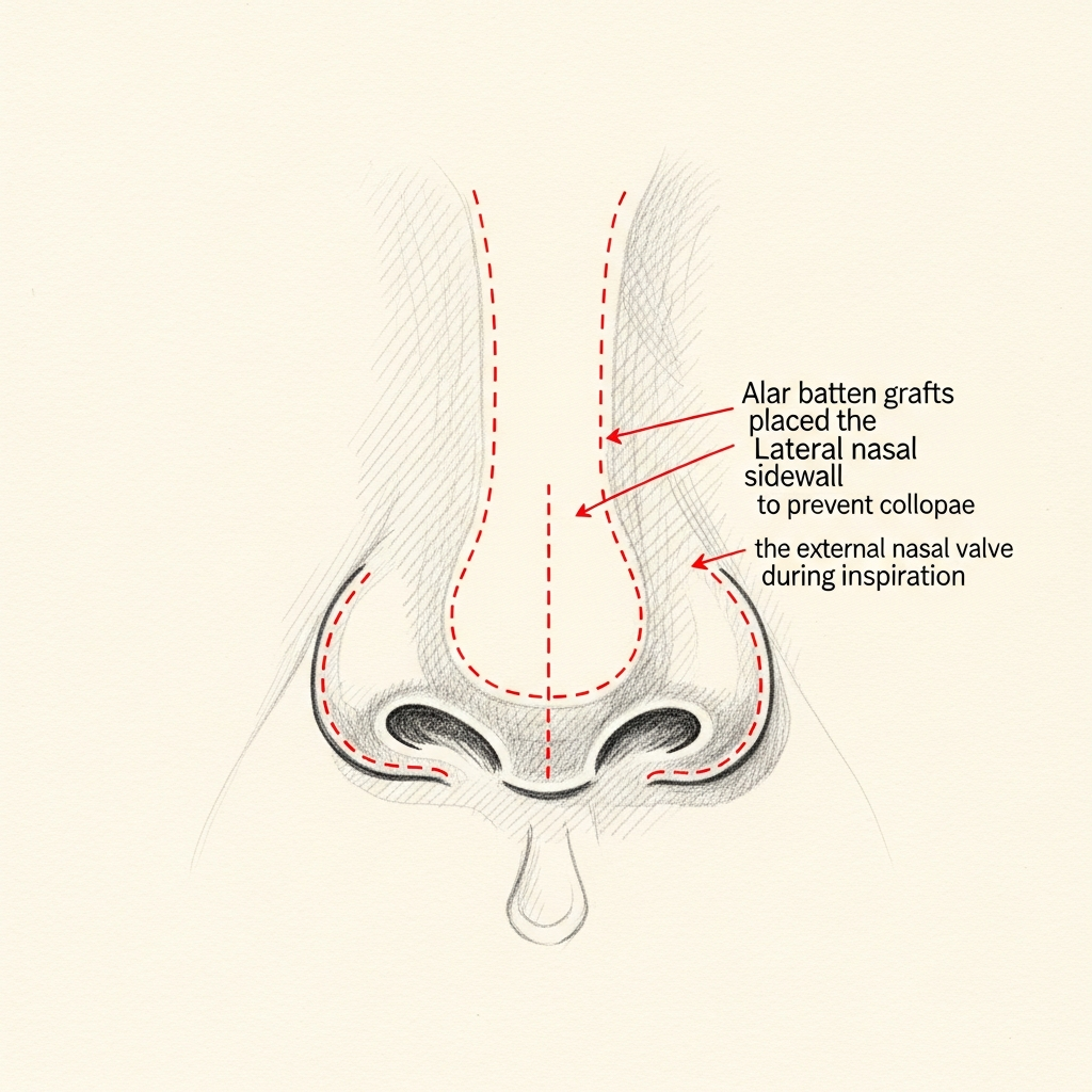 Pencil-sketch base view of the nose with red dotted outlines indicating alar batten grafts placed in the lateral nasal sidewall to prevent collapse of the external nasal valve during inspiration.