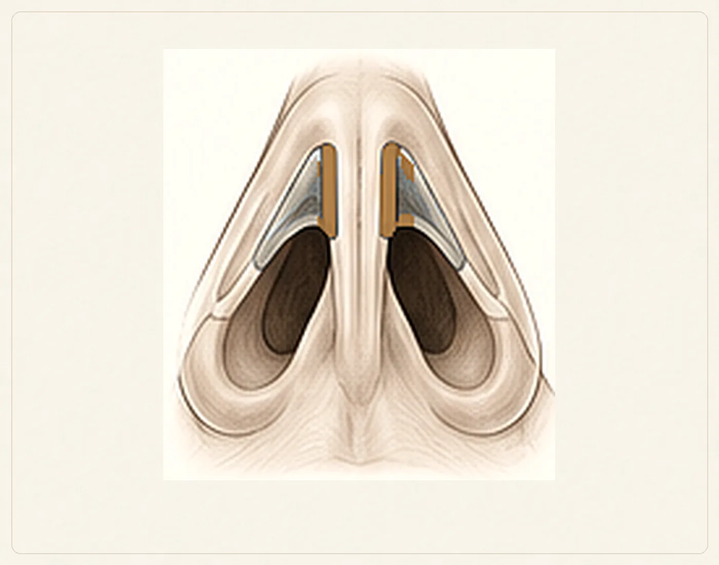 Pencil-style basal illustration showing paired spreader grafts placed beside the dorsal septum between the septum and upper lateral cartilages.