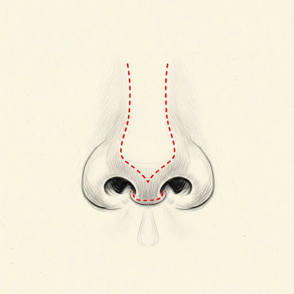 Open (external) rhinoplasty — editorial pencil-sketch, base-of-nose view. Dotted red lines mark a small incision across the columella with extensions into the rim of each nostril.