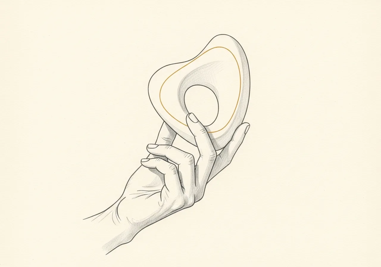 Pencil-sketch still-life of a hand holding a small, smooth curved form