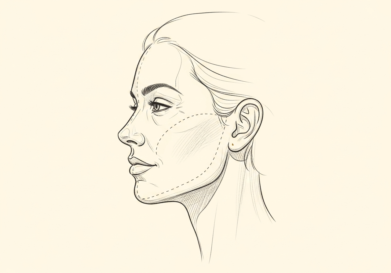 Pencil-sketch lateral profile of a serene face with subtle deep-plane elevation vectors