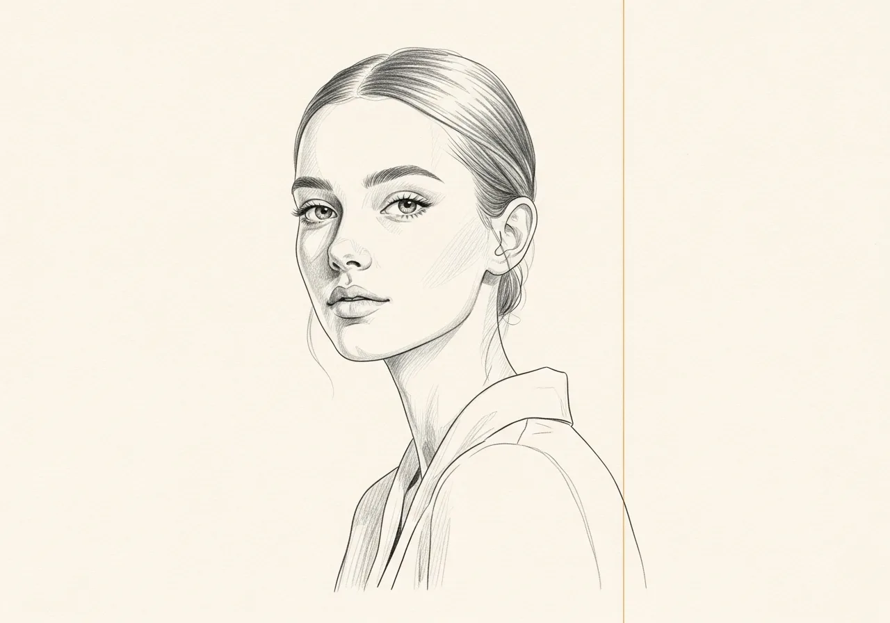 Pencil-sketch portrait of a poised face with balanced, harmonious features