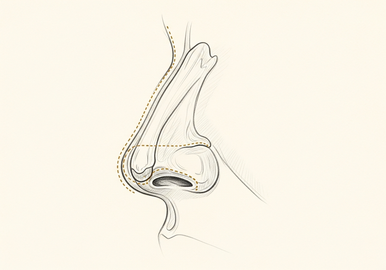 Pencil-sketch lateral profile of the nose with transparent cartilaginous framework and a preserved dorsal aesthetic line