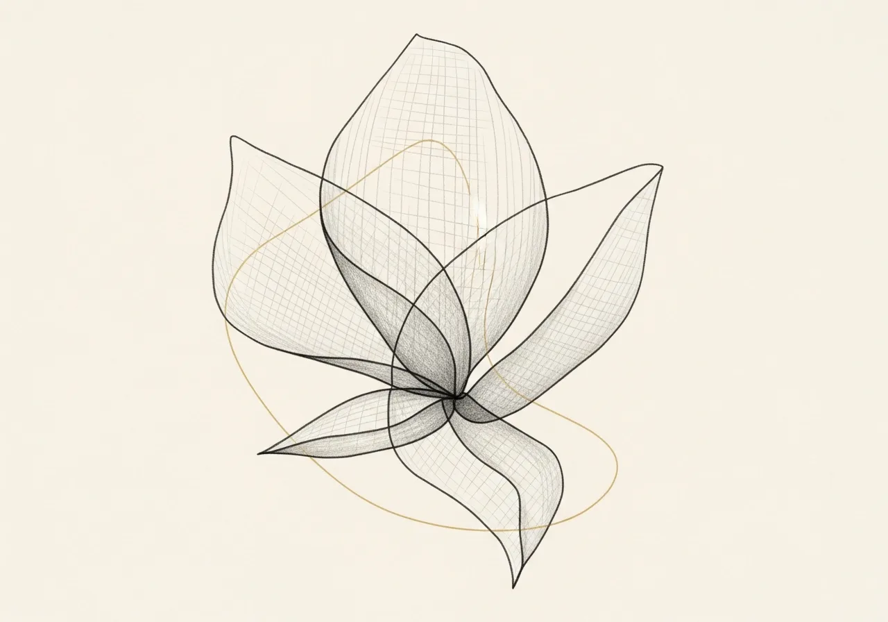 Pencil-sketch abstract study of softly layered, overlapping petal-like forms