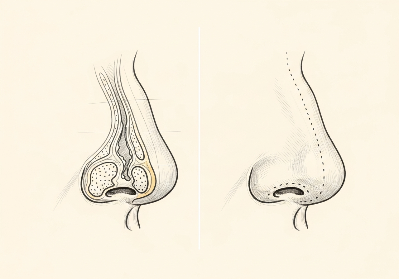 Pencil-sketch dual study showing the internal septum on the left and refined external dorsum on the right