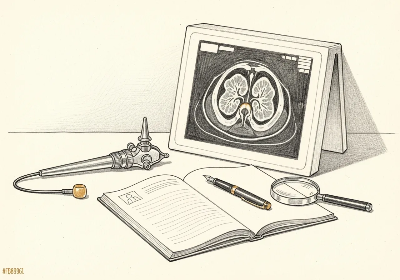 Pencil-sketch still-life of a physician's desk with endoscope, CT film, and chart