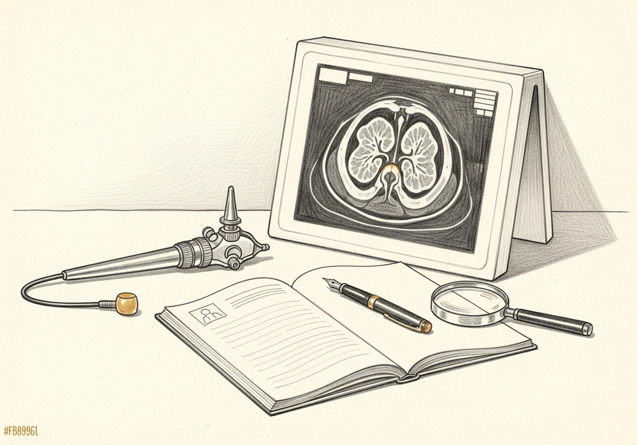 Pencil-sketch still-life of a physician's desk with endoscope, CT film, and chart