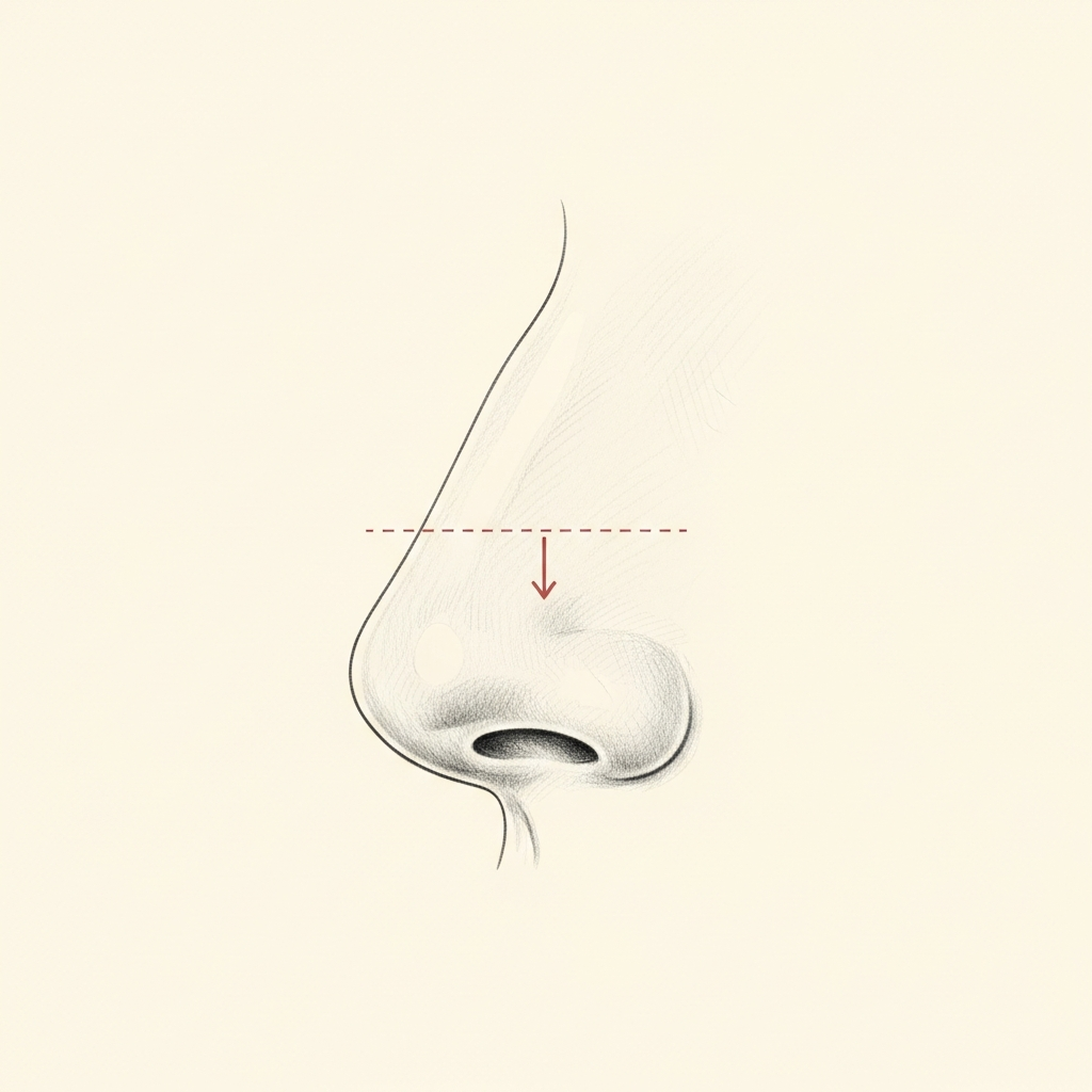 Dorsal preservation push-down diagram — pencil-sketch side profile of the nose. A red dotted arrow indicates the dorsum settling downward as a unit after bone and septum are removed at the base.