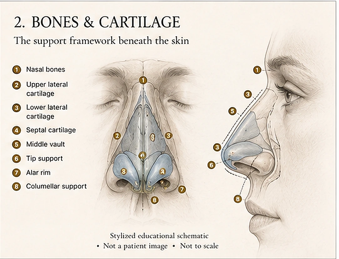 Stylized semi-transparent structural schematic of the nose showing the nasal bones, upper and lower lateral cartilages, septal cartilage, middle vault, and tip and alar support. Educational illustration, not a patient photograph.