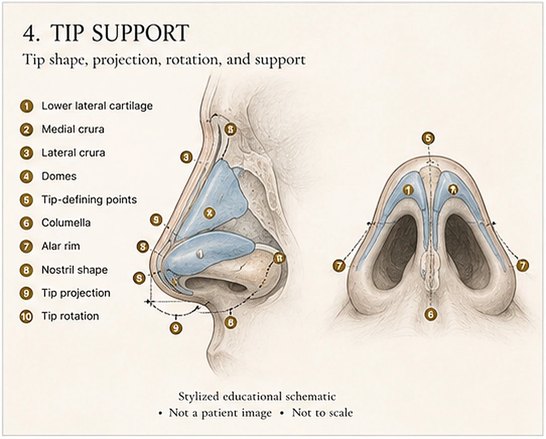 Stylized basal and profile tip-support schematic showing the lower lateral cartilages, medial and lateral crura, domes, tip-defining points, columella, alar rim, and nostril shape. Educational illustration, not a patient photograph.