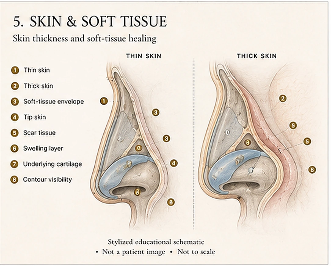 Stylized split-view schematic contrasting thin and thick skin over the nasal framework, showing the soft-tissue envelope, tip skin, and how thickness affects surface definition. Educational illustration, not a patient photograph.