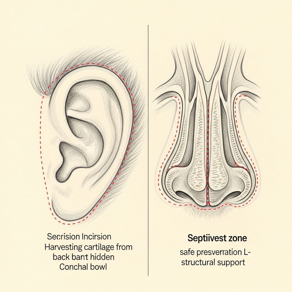 Septal and auricular cartilage harvest — pencil-sketch split composition. Red dotted outlines mark safe harvest zones on the septal L-strut and the conchal bowl behind the ear.