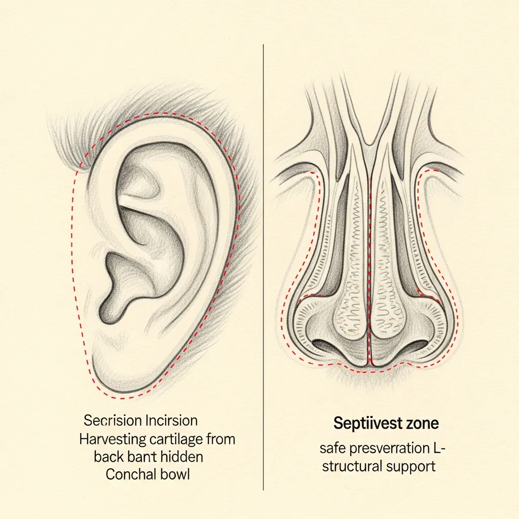 Septal and auricular cartilage harvest — pencil-sketch split composition. Red dotted outlines mark safe harvest zones on the septal L-strut and the conchal bowl behind the ear.