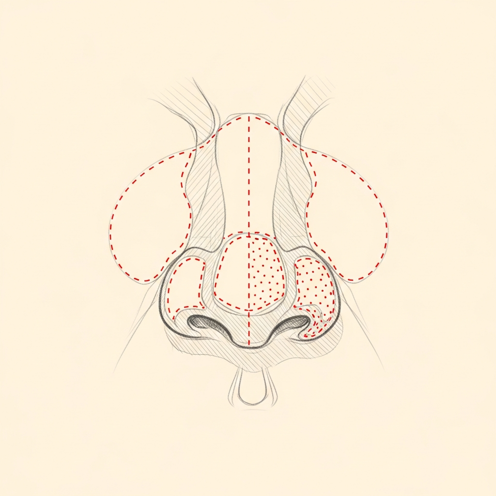 Pencil-sketch frontal view of the nasal anatomy with an open rhinoplasty exposure; red dotted lines mark larger mucosal flaps and a substantial interposition fascia graft for closure of a large septal perforation.