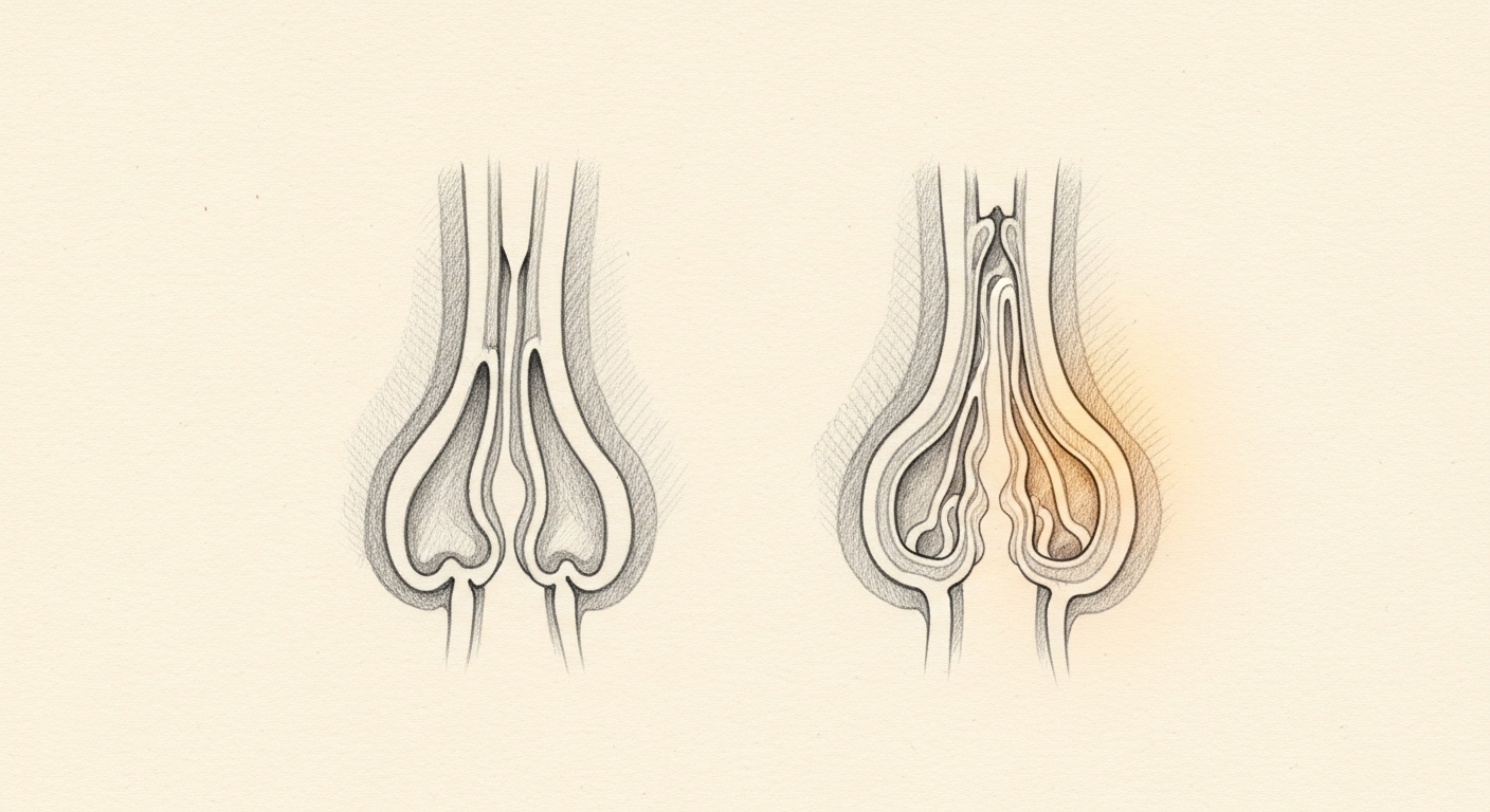 A narrowed sinus opening compared with a cleared, widely opened sinus drainage pathway.