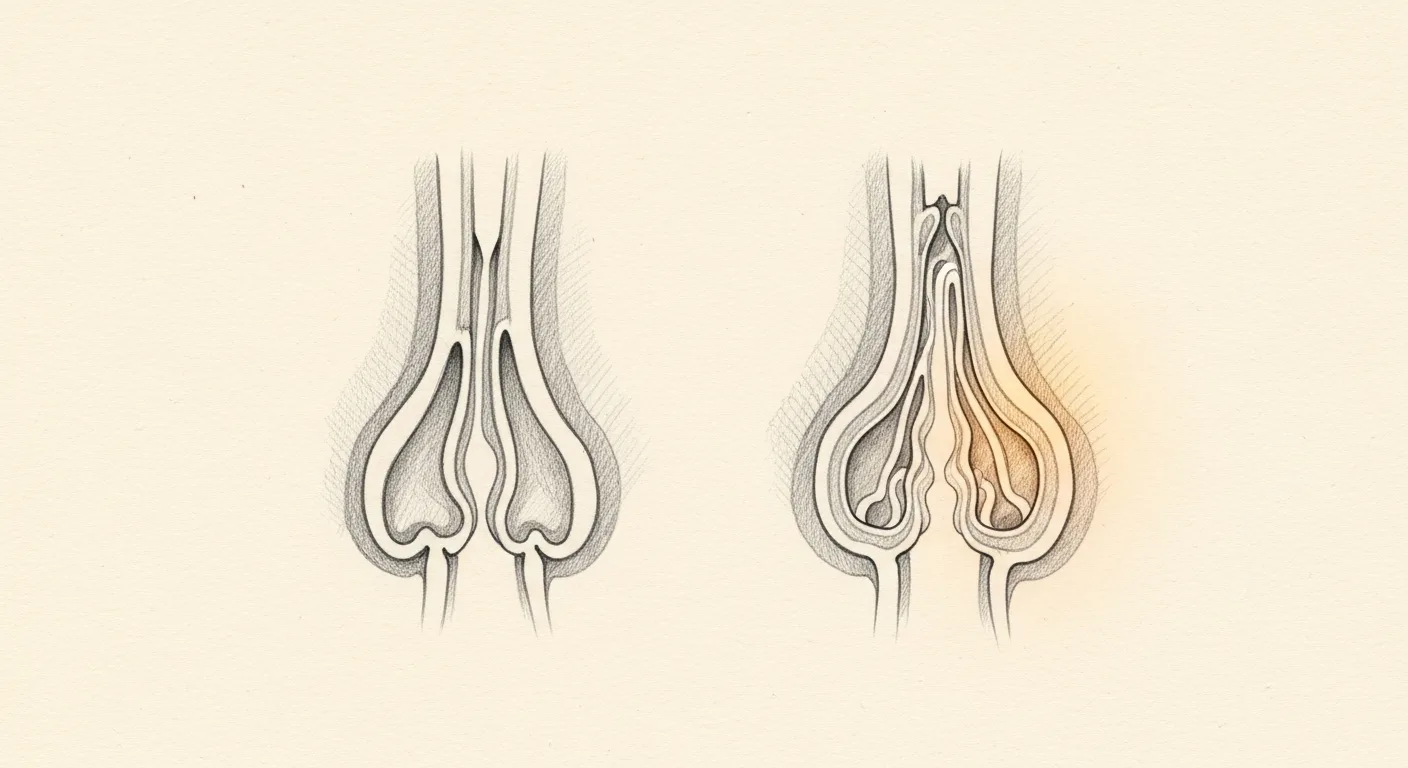 A narrowed sinus opening compared with a cleared, widely opened sinus drainage pathway.