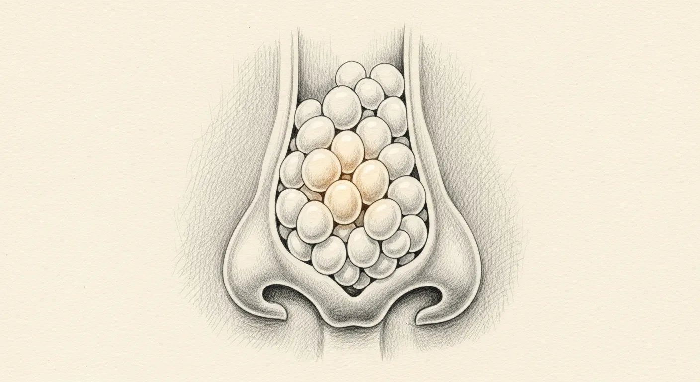Nasal polyps filling the nasal cavity and obstructing airflow.