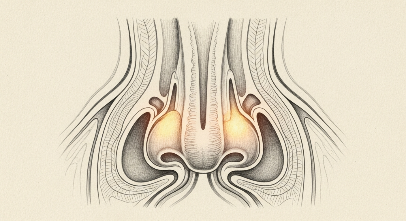 Enlarged turbinates and a deviated septum narrowing the nasal airway.