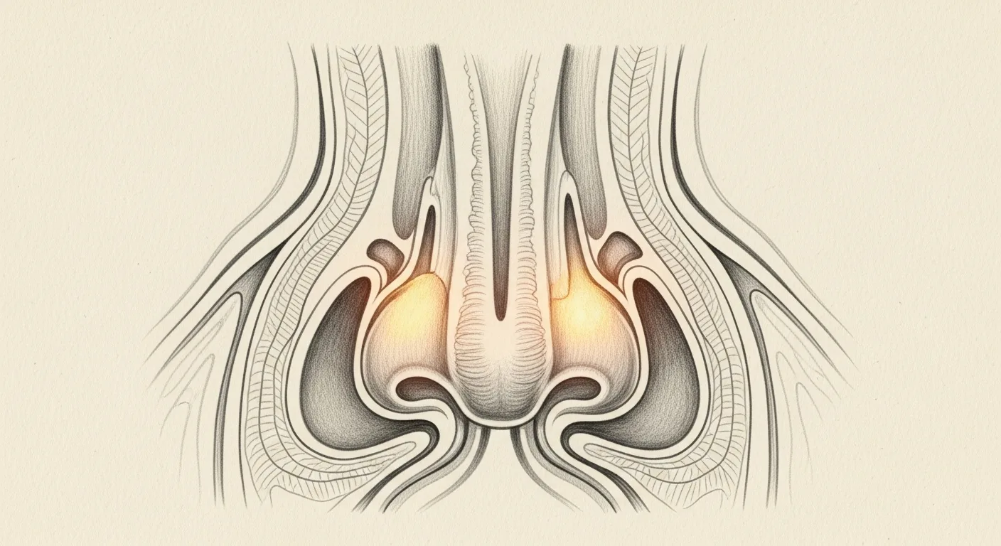 Enlarged turbinates and a deviated septum narrowing the nasal airway.