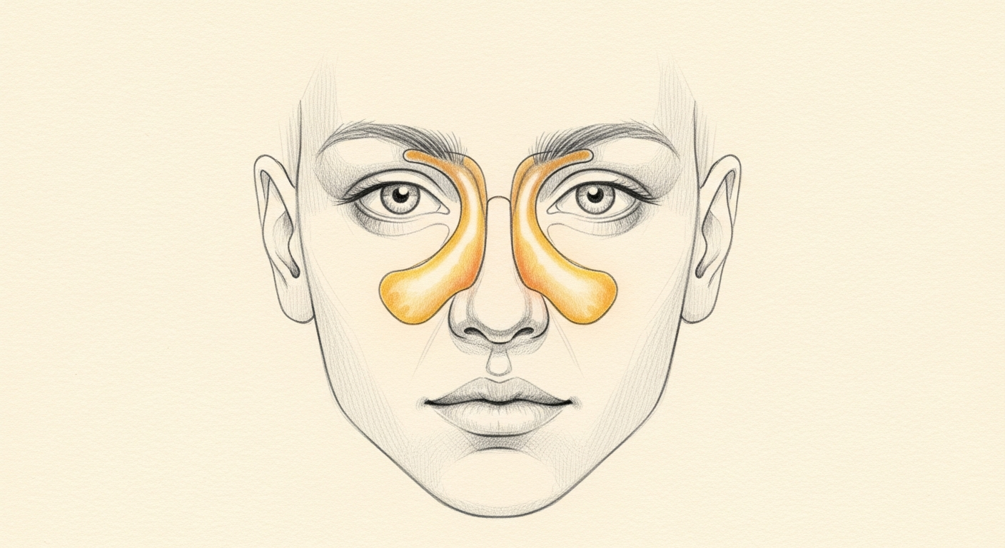 The frontal, ethmoid, and maxillary sinus regions where facial pressure is often felt.