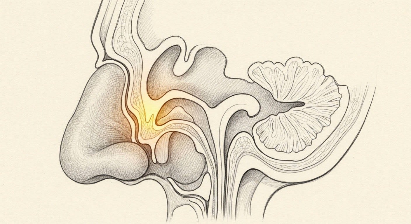 Pressure building from a blocked frontal and ethmoid sinus.