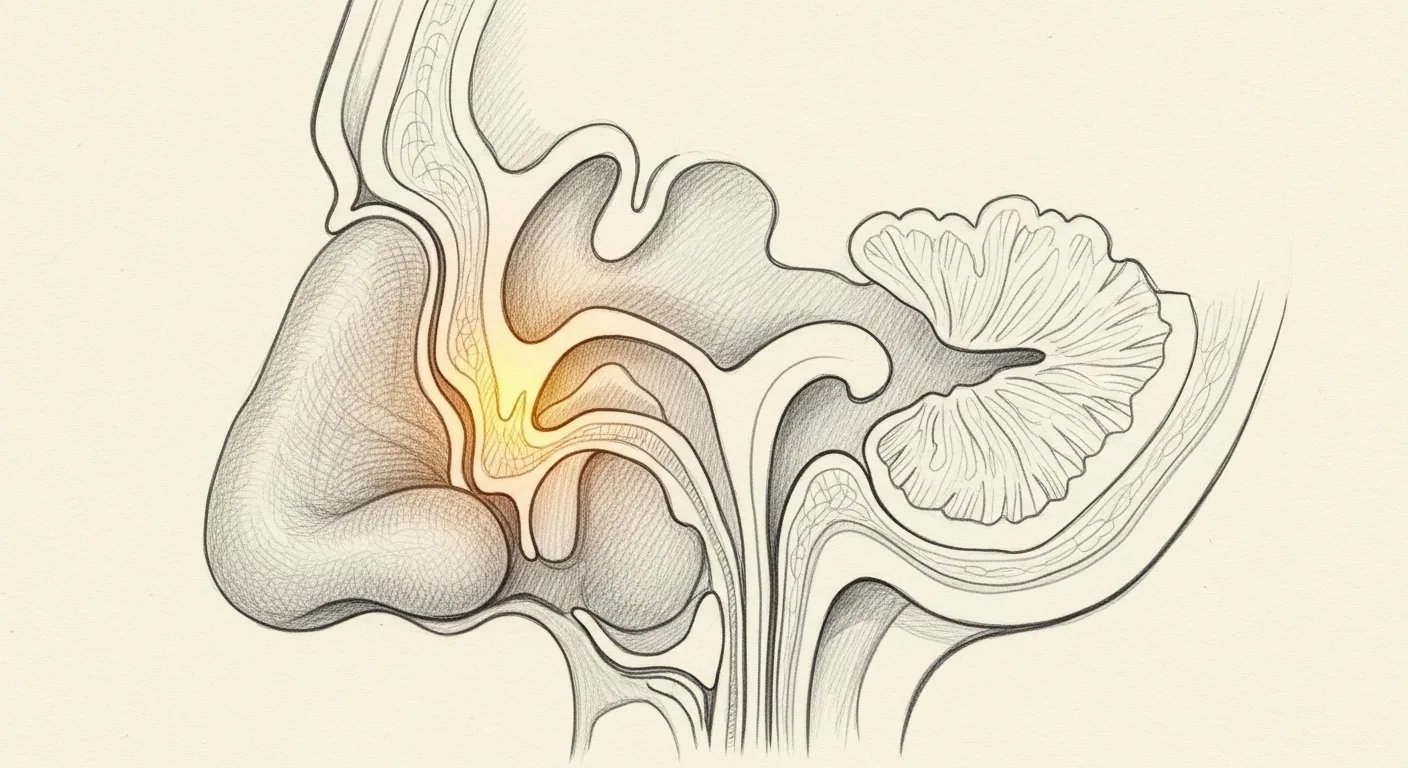 Pressure building from a blocked frontal and ethmoid sinus.