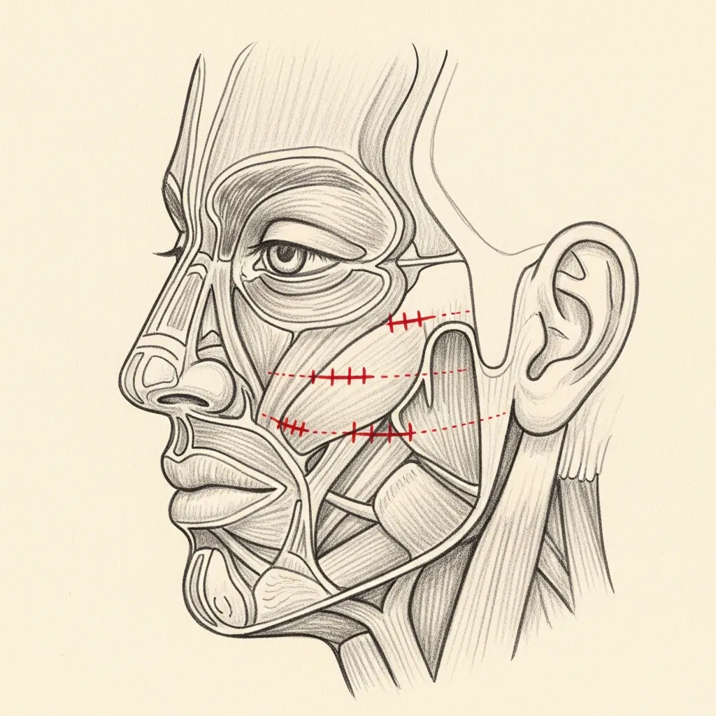 SMAS plication facelift — pencil-sketch lateral diagram. Red dotted suture marks sit on the surface of the SMAS layer indicating folding and tightening without sub-SMAS dissection.