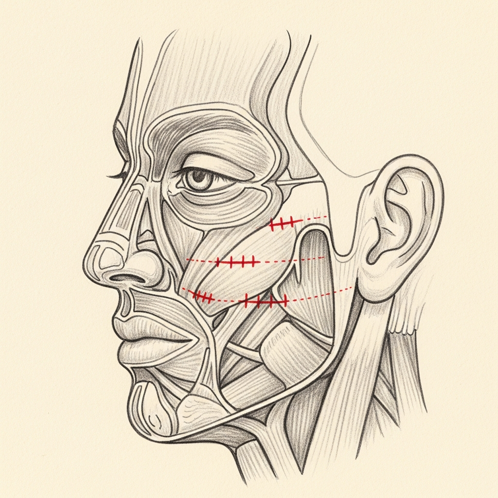 SMAS plication facelift — pencil-sketch lateral diagram. Red dotted suture marks sit on the surface of the SMAS layer indicating folding and tightening without sub-SMAS dissection.