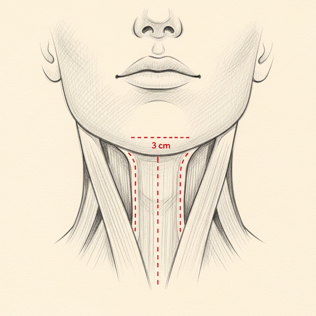 Submentoplasty diagram — pencil-sketch view from below the chin. A small red dotted incision sits in the natural submental crease; vertical dotted lines indicate platysma muscle plication.
