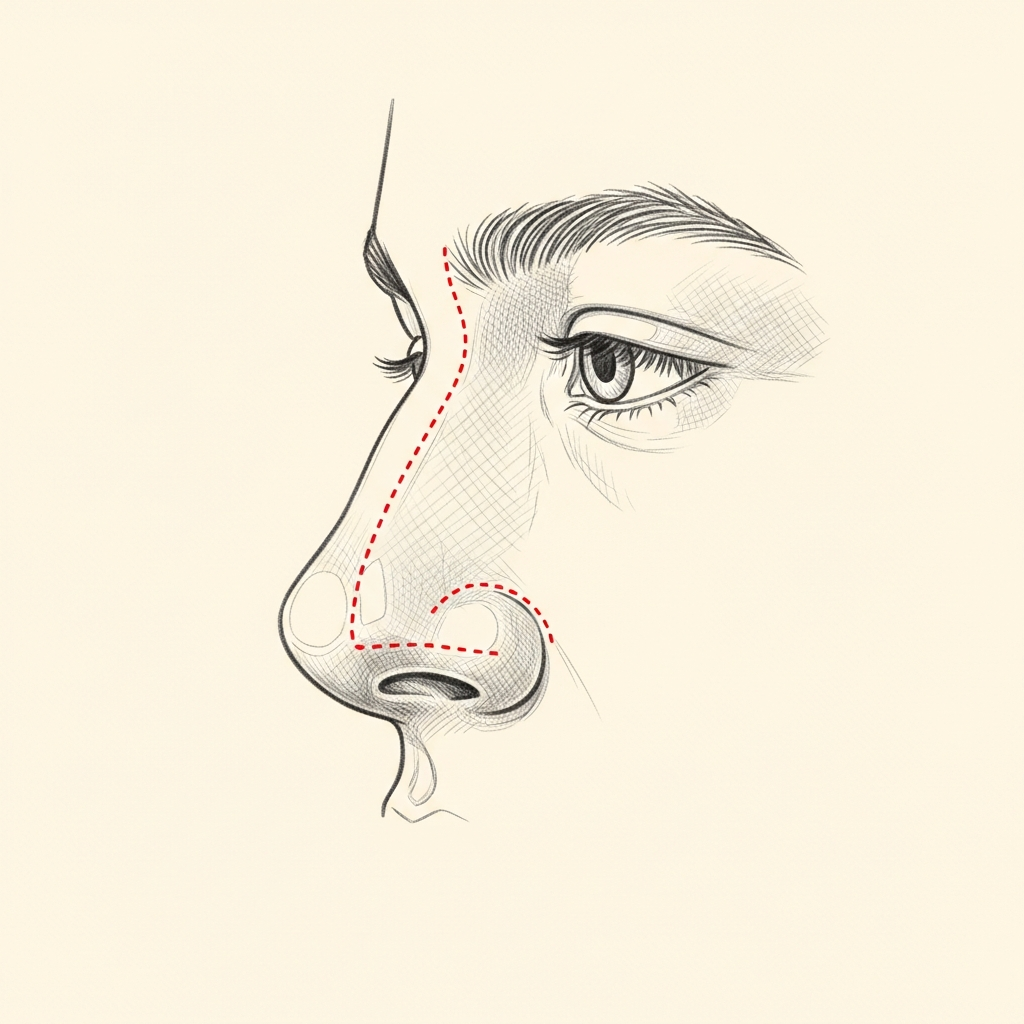 Pencil-sketch lateral view of an adolescent nose with red dotted line marking a measured, conservative dorsal reduction that preserves the dorsal aesthetic lines.