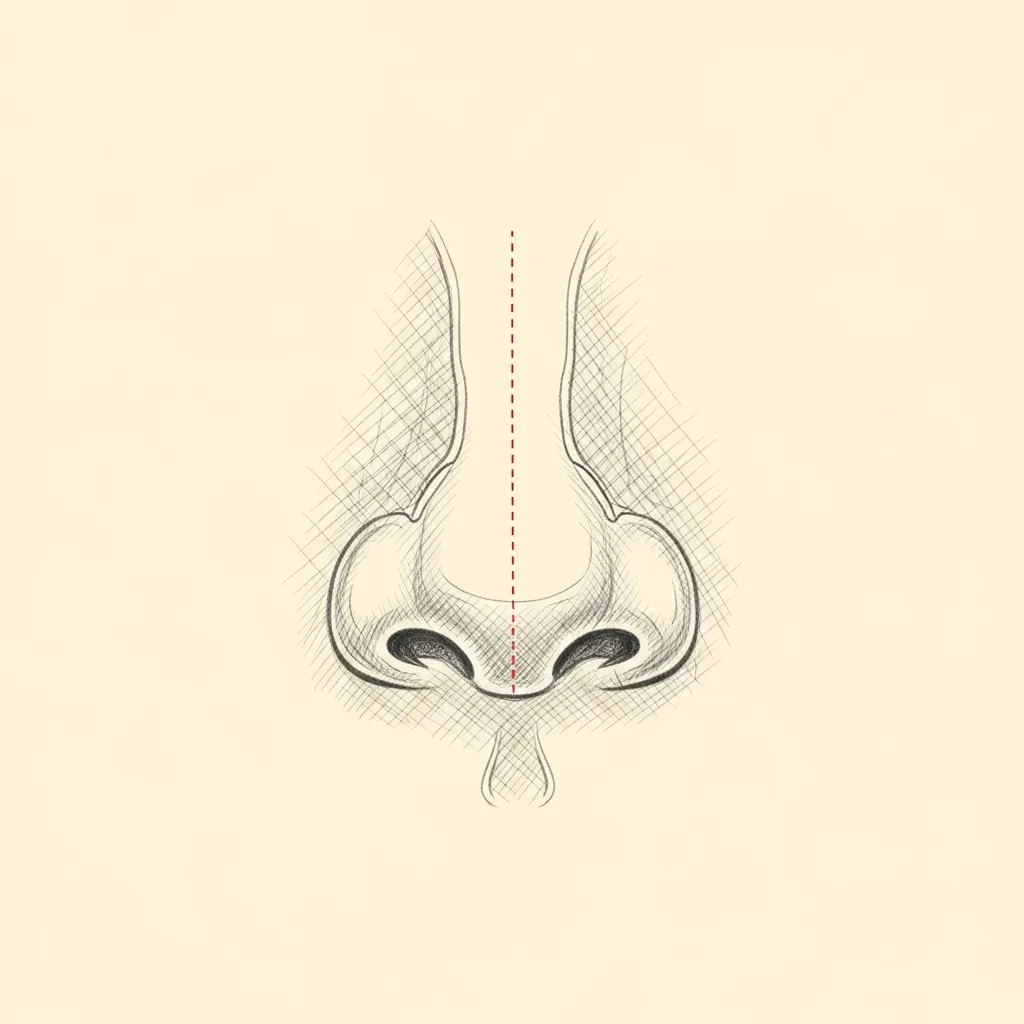 Pencil-sketch base view of an adolescent nose showing a columellar strut graft and tip-defining sutures providing long-term structural support.