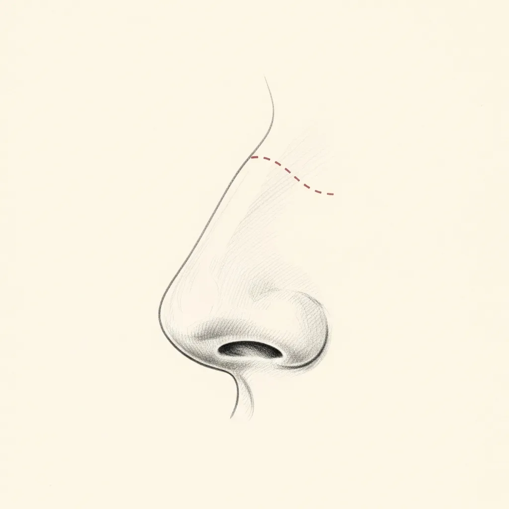 Traditional hump reduction diagram — pencil-sketch side profile of the nose. A red dotted line across the top of the hump indicates direct dorsal reduction.