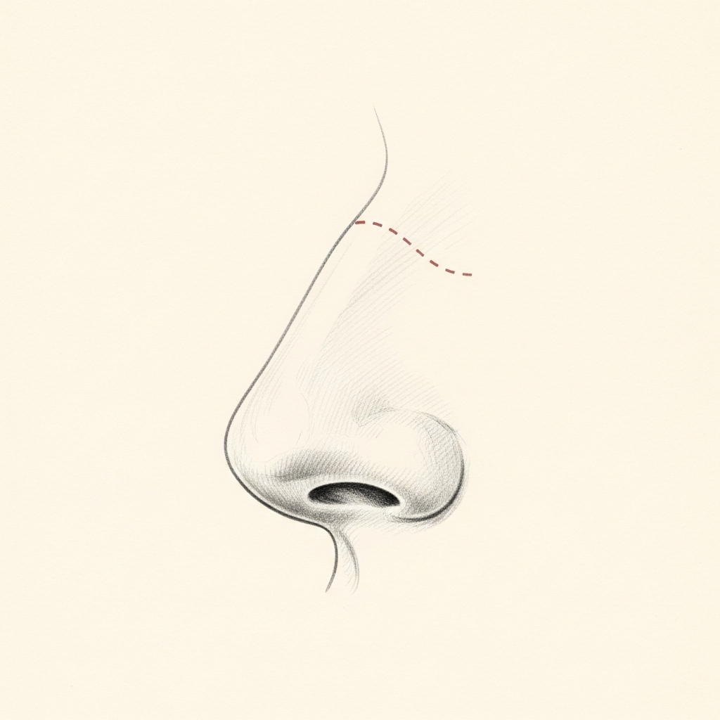 Traditional hump reduction diagram — pencil-sketch side profile of the nose. A red dotted line across the top of the hump indicates direct dorsal reduction.
