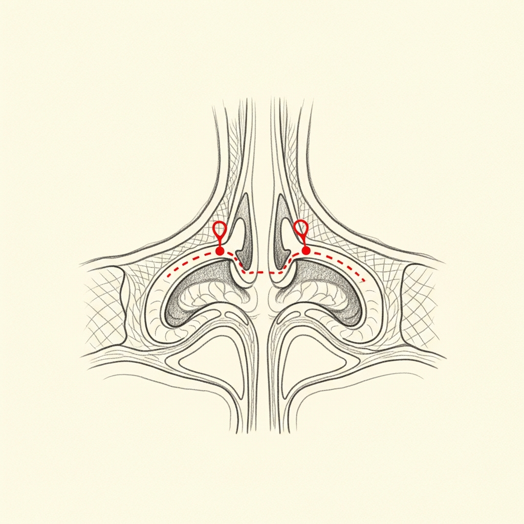 Pencil-sketch coronal cross-section of the internal nasal valve with red dotted markers showing two radiofrequency treatment points along the upper lateral cartilage — performed in-office under local anesthesia.