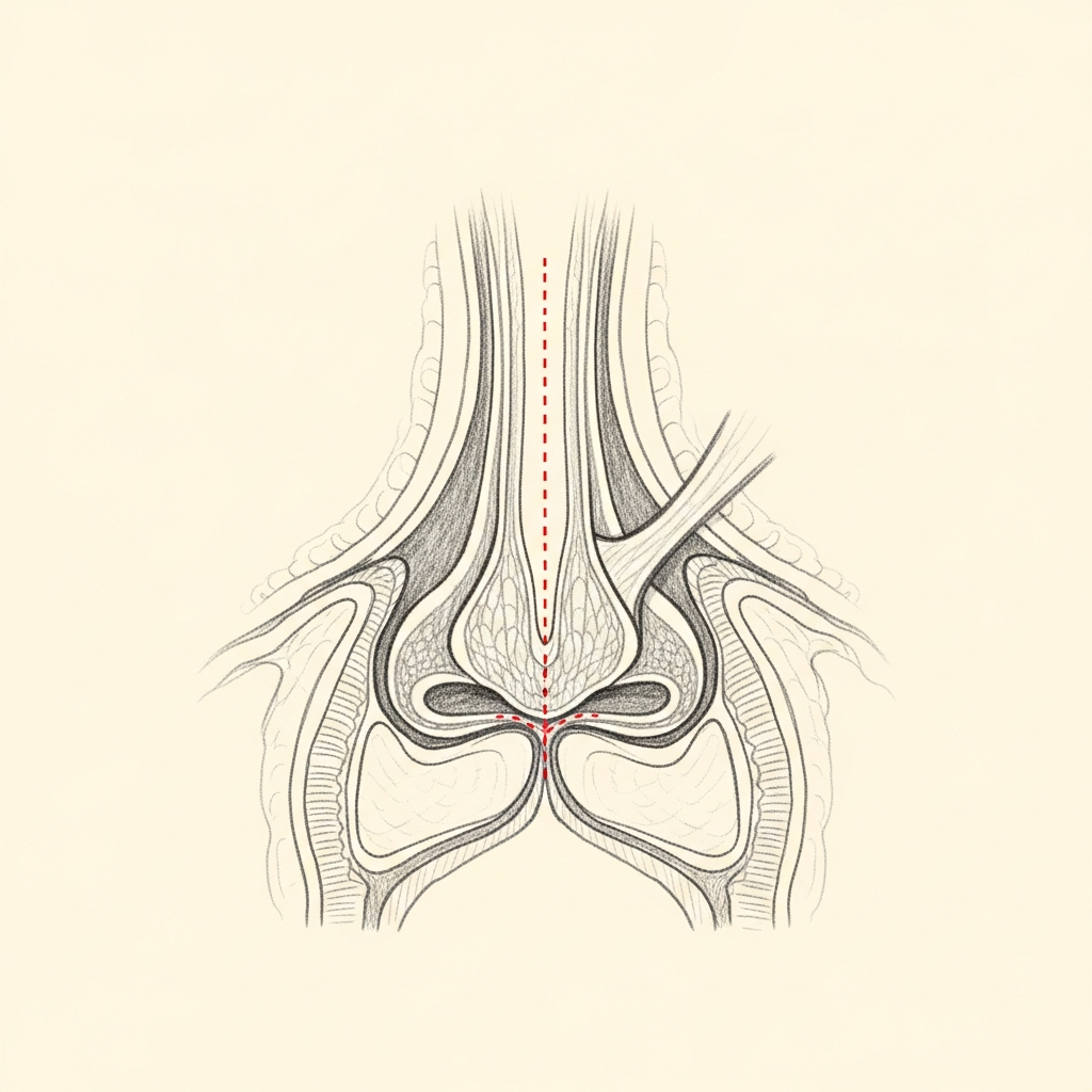 Pencil-sketch coronal cross-section of the internal nasal valve showing a spreader graft placed in the dorsal septal angle — performed in the operating room with rhinoplasty-grade structural reconstruction.